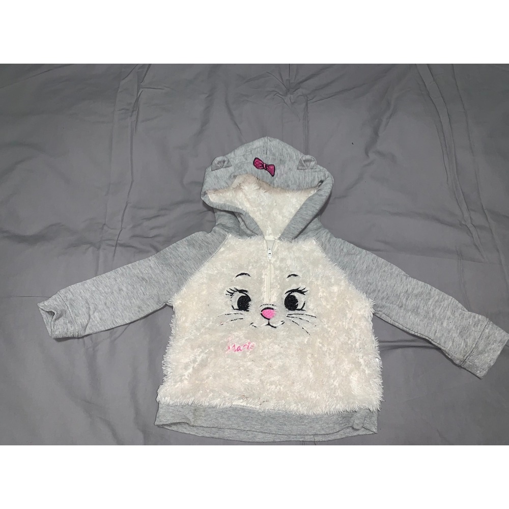 Baby Gap Disney Aristocats Marie Kitten Fuzzy Faux Fur Hoodie Gray White 12-18M